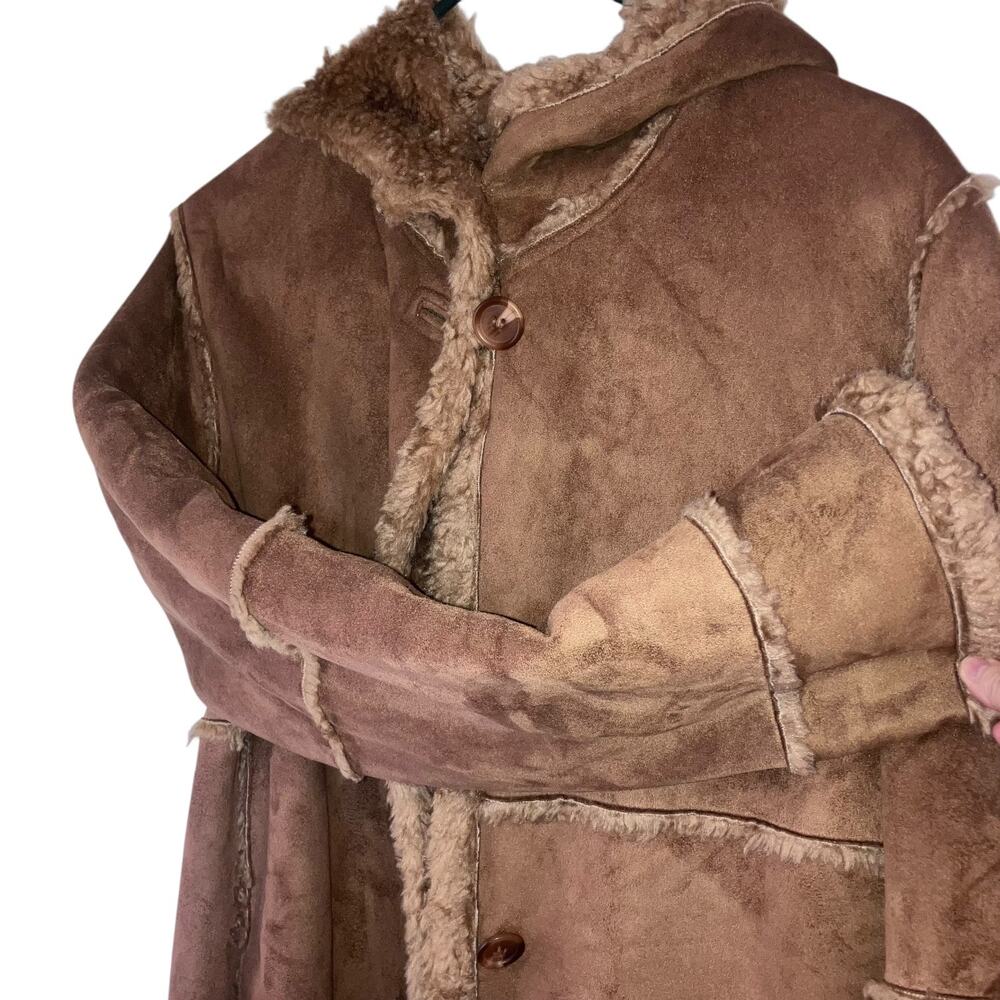 Vintage Y2K Gallery Tan Suede Sherpa Penny Lane Trench Coat-size Small - Picture 3 of 15